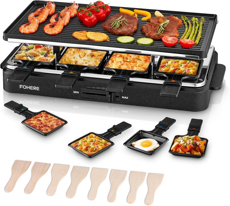 FOHERE Raclette Grill, 2 in 1 Raclette Table Grill Indoor, 1500W Korean BBQ Grill Electric Griddle with Reversible Non-stick plate, Adjustable Temp Control and 8 Paddles for Parties and Family Fun - Image 1